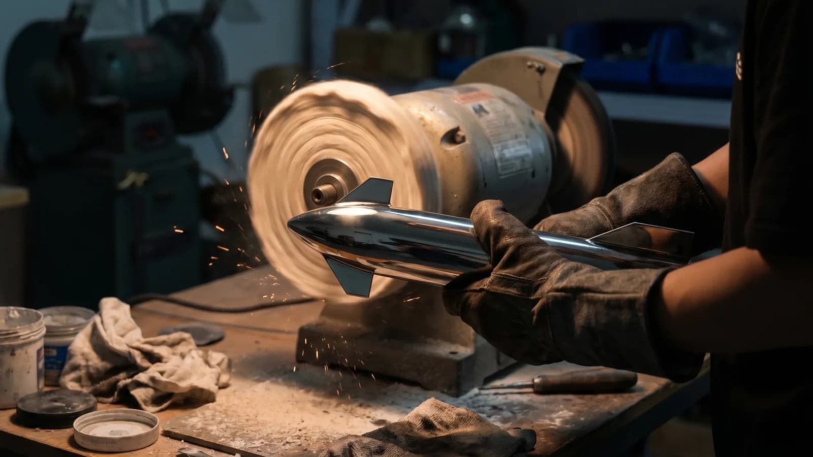 Hand polishing a stainless steel object in the Vokar Studio finishing process