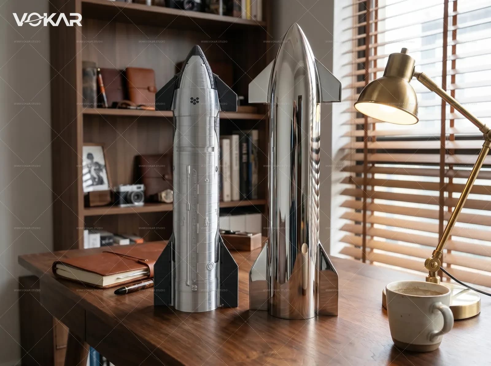 3D printed Starship model beside the Vokar stainless steel Starship model