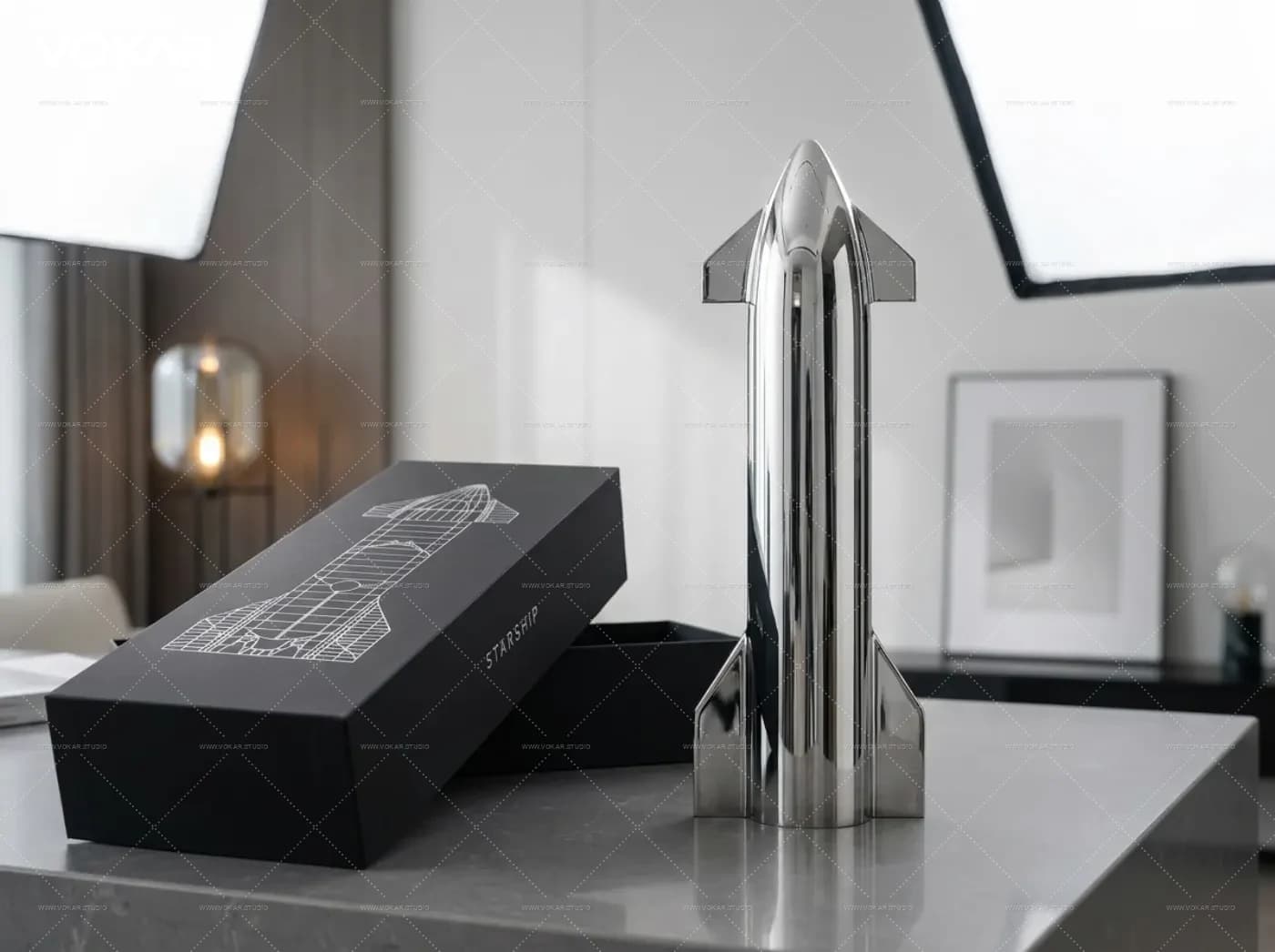 Vokar stainless steel Starship model displayed beside its gift box